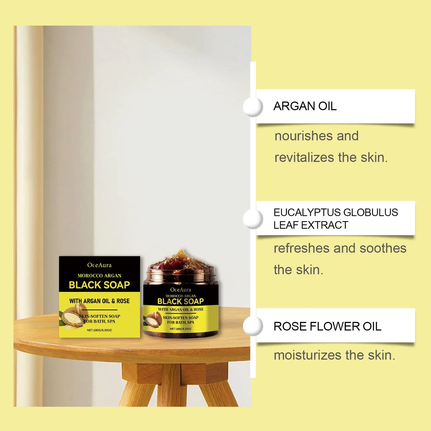 OceAura 180g Morocco Argan Black Soap Deep Cleansing and Long-Lasting Moisturizing Gentle Exfoliation and Smooth Skin