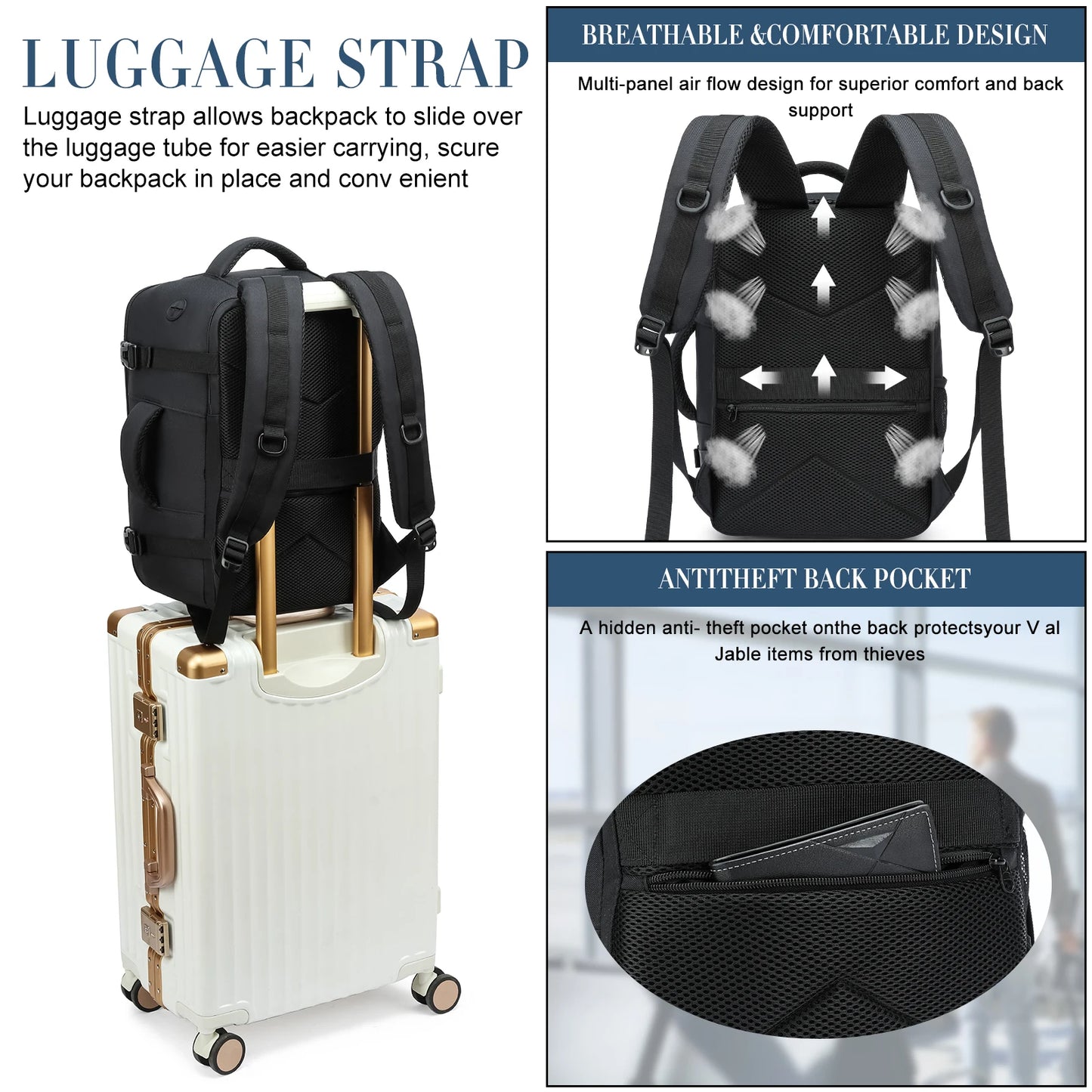 EZUOLA Hand luggage 40x20x25 Air travel bag,with laptop compartment, portable luggage for men, students, business people, school