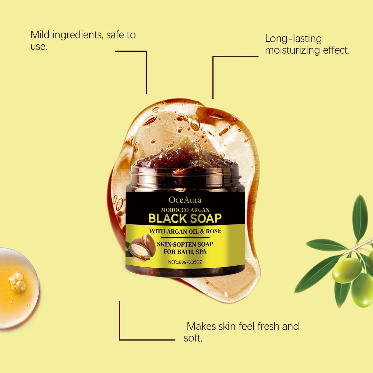 OceAura 180g Morocco Argan Black Soap Deep Cleansing and Long-Lasting Moisturizing Gentle Exfoliation and Smooth Skin