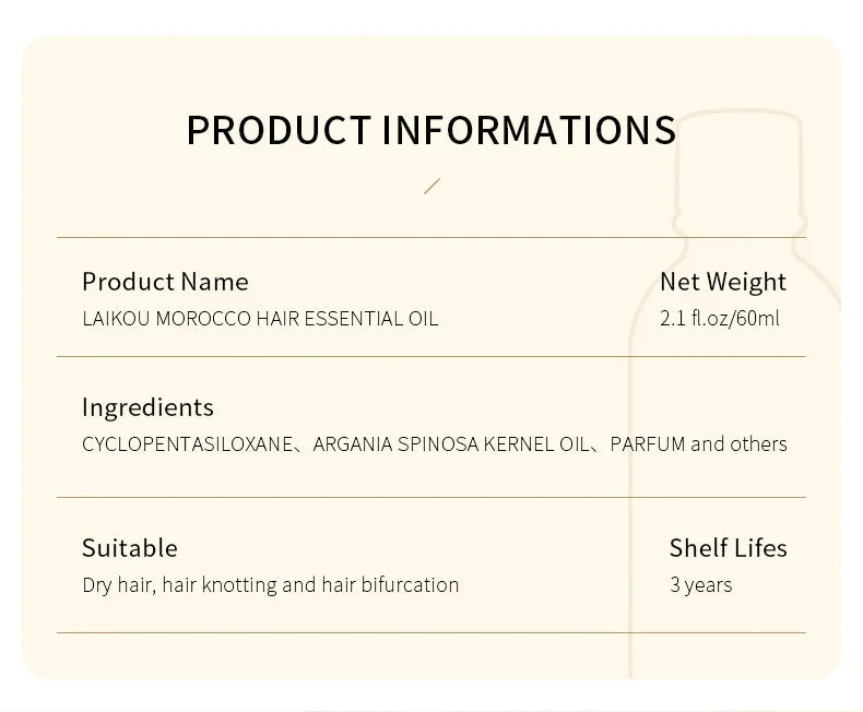 LAIKOU Morocco Hair Essential Argan Essence Oil Moisturizer Brightening Smooth Nourishing Repair Dry Damaged Hair 60ml