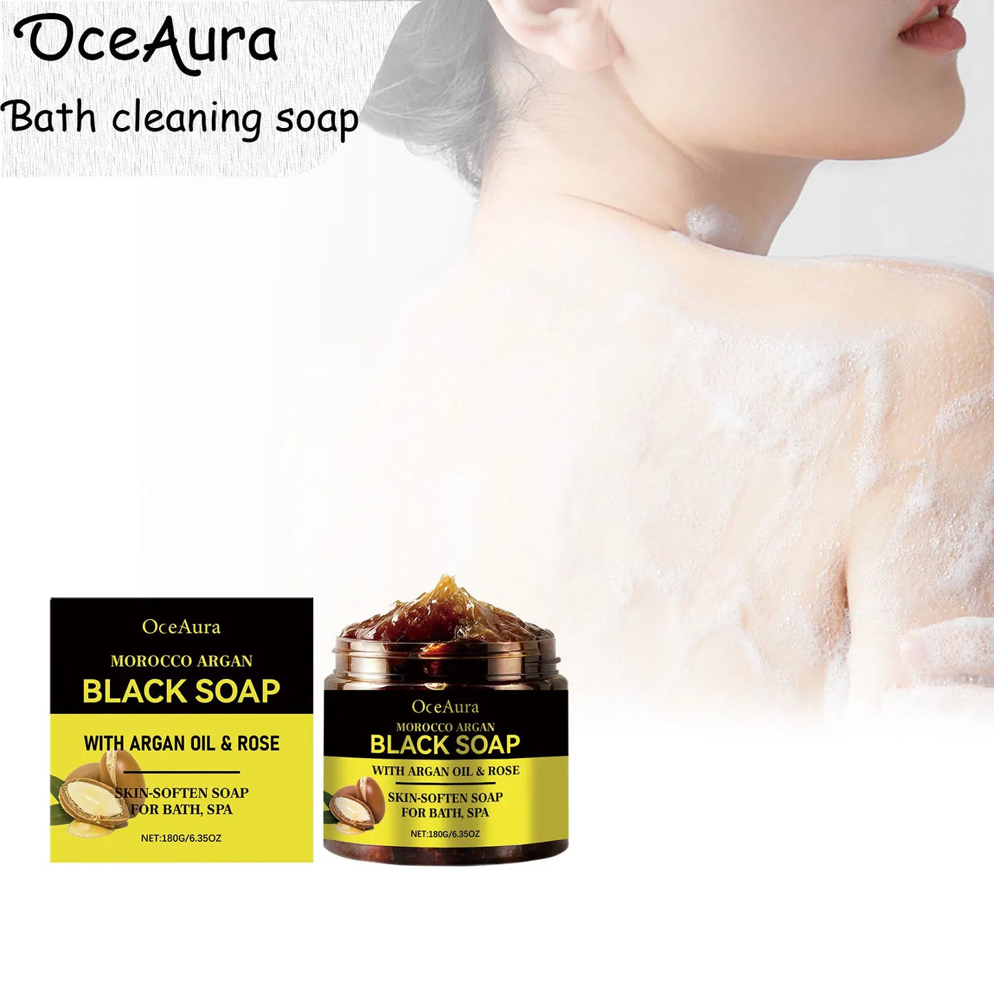 OceAura 180g Morocco Argan Black Soap Deep Cleansing and Long-Lasting Moisturizing Gentle Exfoliation and Smooth Skin