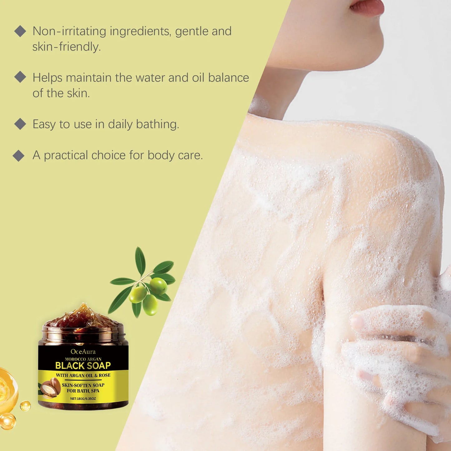 OceAura 180g Morocco Argan Black Soap Deep Cleansing and Long-Lasting Moisturizing Gentle Exfoliation and Smooth Skin