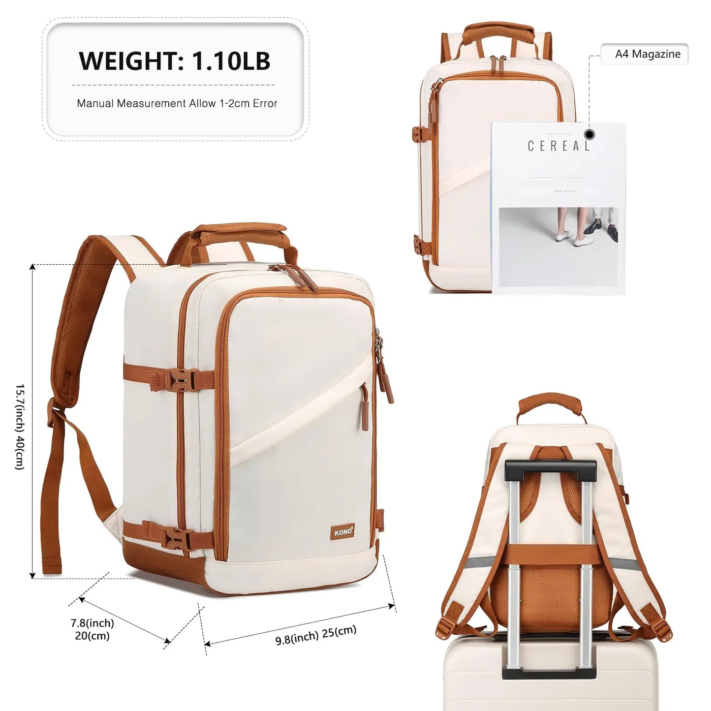 Kono Cabin Bag 40x20x25 for Ryanair Underseat Travel Carry-on Backpack Cabin Size 20L
