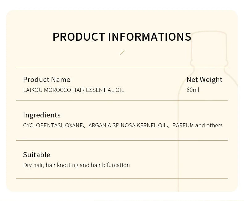 LAIKOU Morocco Hair Essential Argan Essence Oil Moisturizer Brightening Smooth Nourishing Repair Dry Damaged Hair 60ml