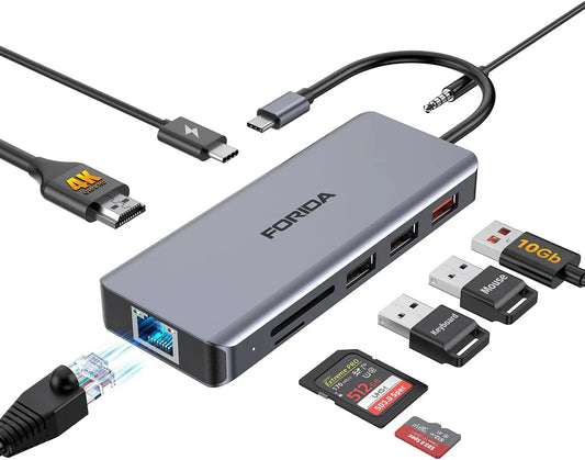 Forida 9 IN 1 USB Hub C 10Gbps Audio Port RJ45 HDMI 4K30Hz 100PD Charging SD/TF Solt Adapter for Laptop Macbook Shipped From US