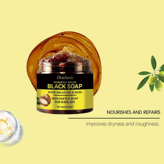 OceAura 180g Morocco Argan Black Soap Deep Cleansing and Long-Lasting Moisturizing Gentle Exfoliation and Smooth Skin