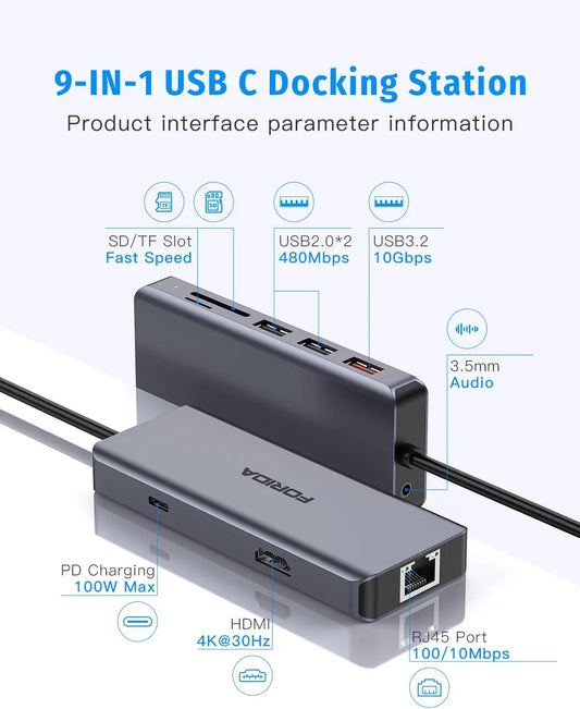 Forida 9 IN 1 USB Hub C 10Gbps Audio Port RJ45 HDMI 4K30Hz 100PD Charging SD/TF Solt Adapter for Laptop Macbook Shipped From US